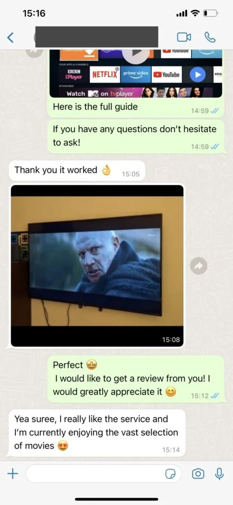 Captura de chat con soporte técnico de Varodatic IPTV en WhatsApp